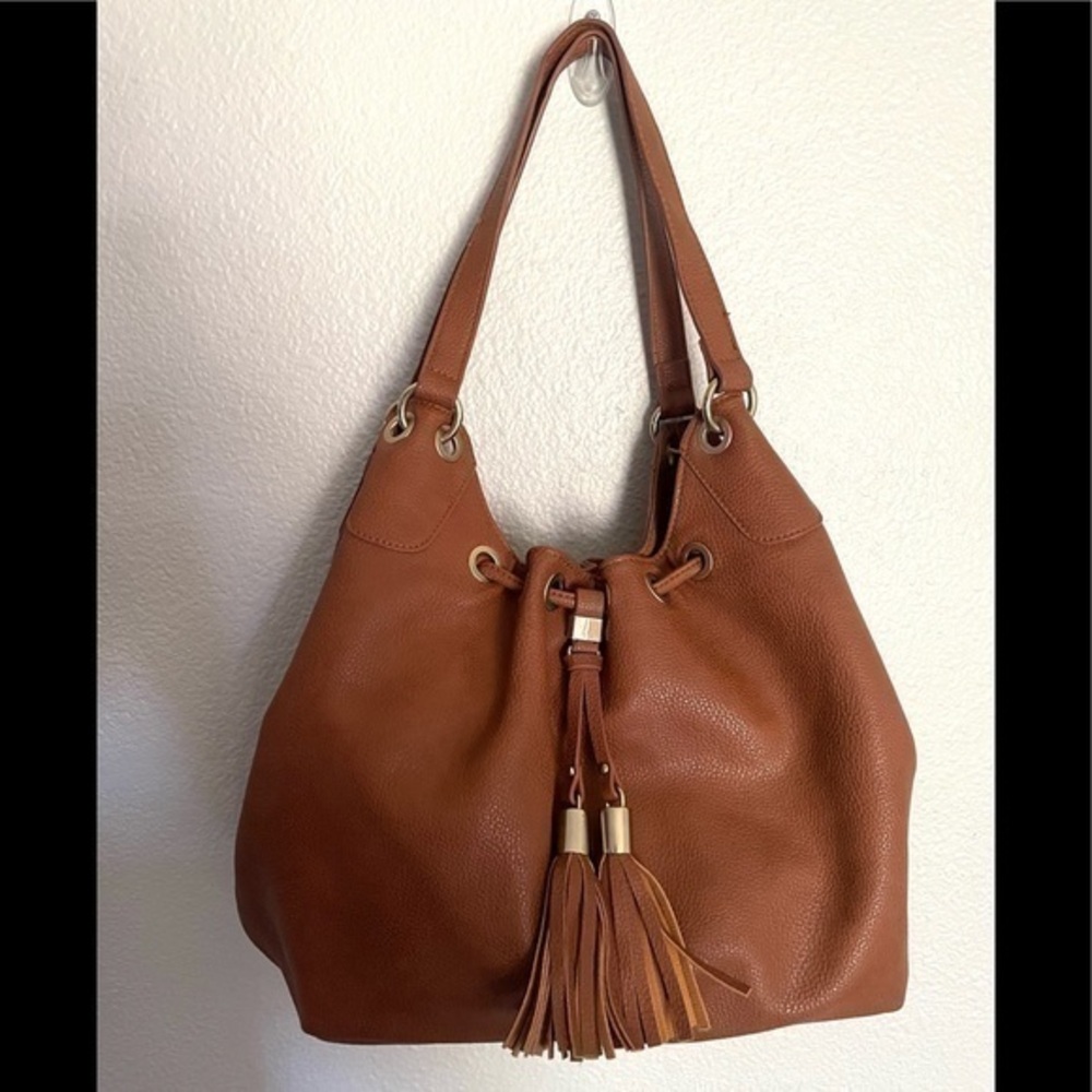 IMOSHION  tan faux leather satchel bag purse drawstring tassel bag